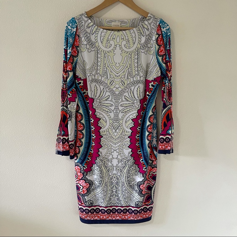 Chico’s Paisley Block Print Shift Dress Split Sleeve Multicolor Illusion-0/Small - Picture 3 of 16